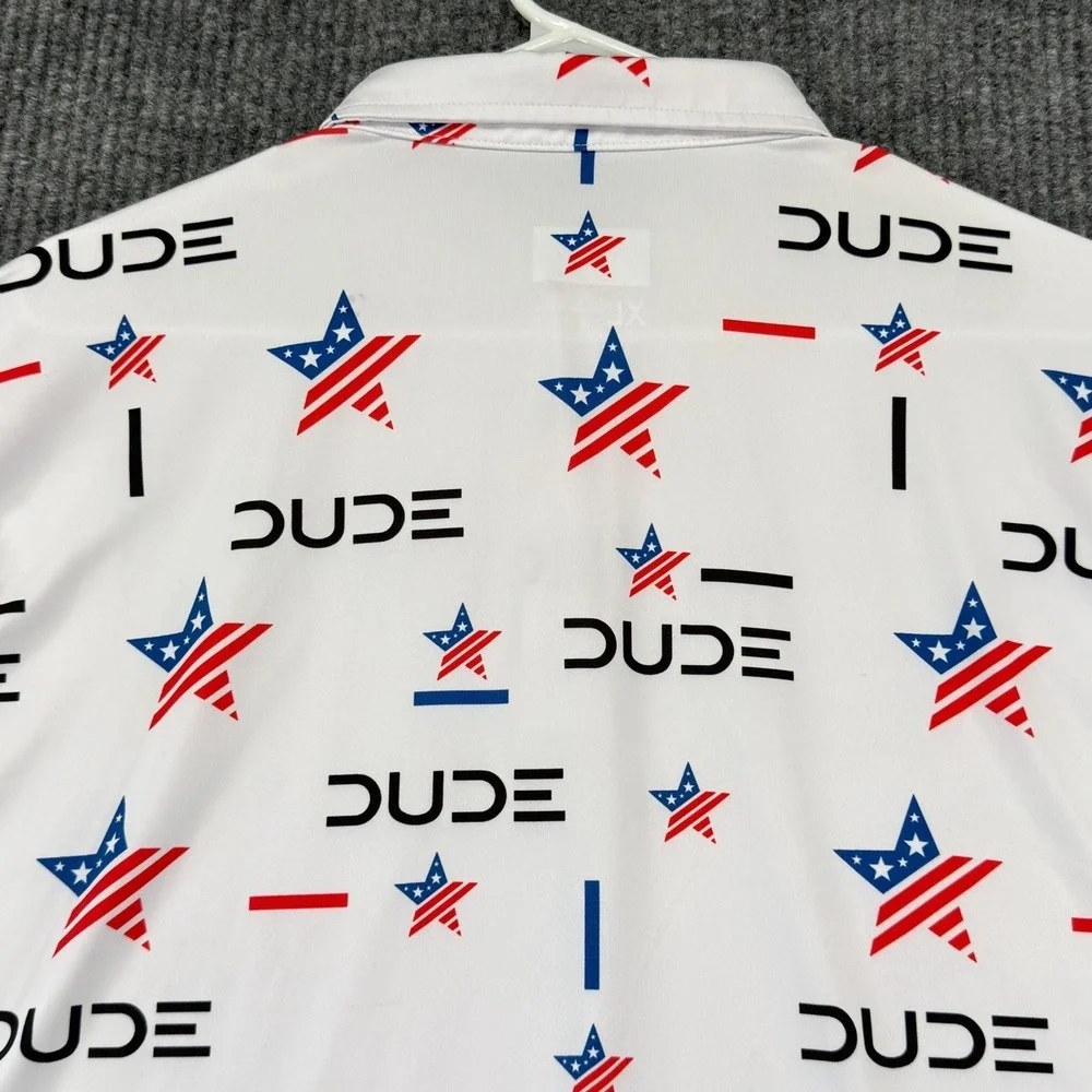 Waggle Polo Shirt Mens XL White USA Flag DUDE Print Golf Stretch Performance - Picture 6 of 9